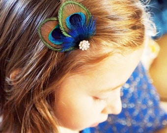 MINI Peacock Feather Hair Clip | Royal Cobalt Blue and Green Wedding Comb | Bride Rhinestone Hairpiece | Bridesmaid Headpiece | Flower Girl