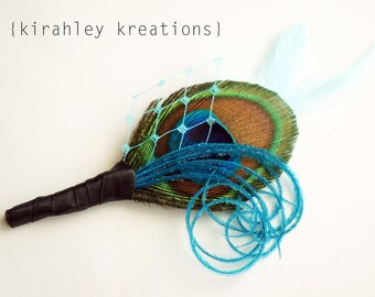 Boutonniere pavone turchese / Spilla da bavero sposo Something Blue / Matrimonio Grande Gatsby / Velo verde acqua, fiocco di piume per il ballo di fine anno / Festa di Natale verde