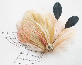 Blush Pink Peacock Hair Clip | Black Wedding Bridal Veil | Dusty Rose Feather Fascinator | Bride Bridesmaid Headpiece | Great Gatsby Prom