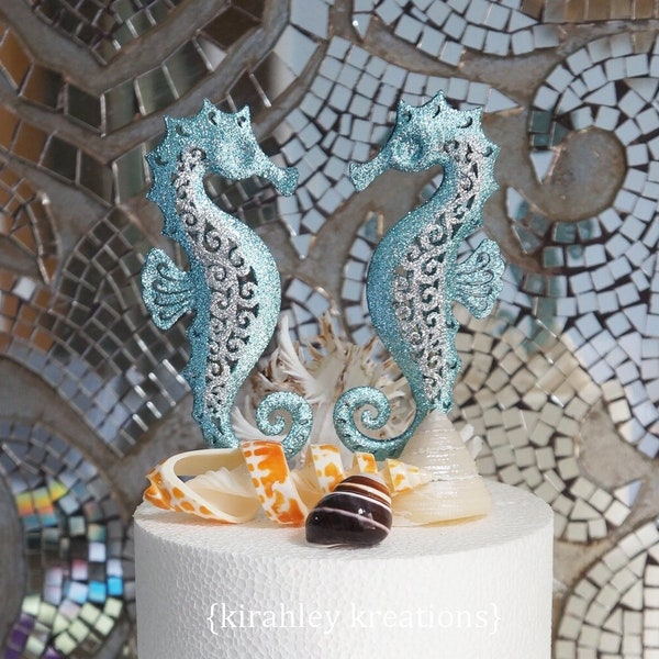 Seahorse Cake Topper | Beach Wedding | Teal Blue & Silver Seahorse | Nautical Theme | Ocean Ceremony | Destination Bride Groom | Anniversary