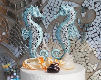 Seahorse Cake Topper | Beach Wedding | Teal Blue & Silver Seahorse | Nautical Theme | Ocean Ceremony | Destination Bride Groom | Anniversary