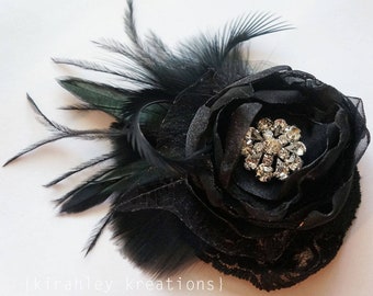 Black Feather & Flower Fascinator | Gothic Wedding Hair Clip | Halloween Headpiece | Rhinestone Bride Hairpiece | Black Ostrich Prom Corsage