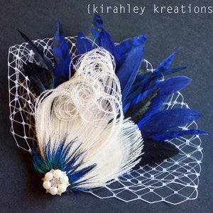 Navy Blue Peacock Feather Clip Gatsby Wedding Fascinator Ivory Pearl Bridal Hairpiece Rhinestone Bride Headpiece Birdcage Veiling image 1