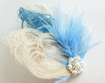 Blue Peacock Feather Hair Clip | Great Gatsby Wedding Fascinator | Ivory Bridal Headpiece | Ostrich Comb | Pearl Rhinestone Prom Corsage Pin