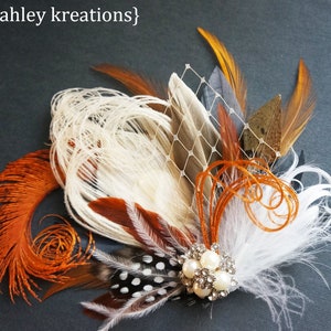 Rustic Pheasant Hair Clip | Orange Peacock Sword Feather | Ivory Bridal Fascinator | Rust Groom Boutonniere | Bride Veil Comb | Fall Wedding