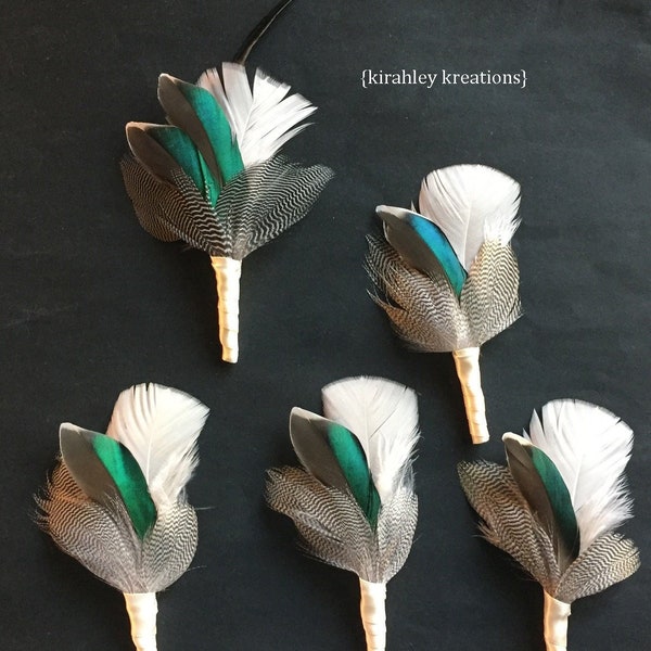 Green Wing Teal Duck Feather Boutonniere | Rustic Woodland Wedding | Groom Groomsmen Hunter Lapel Pin | Great Gatsby Prom Emerald Buttonhole