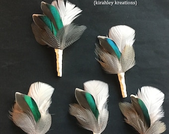 Green Wing Teal Duck Feather Boutonniere | Rustic Woodland Wedding | Groom Groomsmen Hunter Lapel Pin | Great Gatsby Prom Emerald Buttonhole