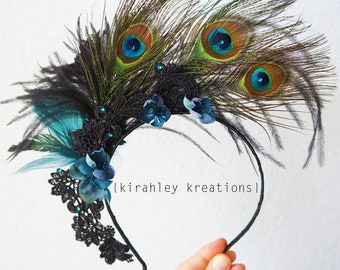 Peacock Headband | Dark Wedding Headpiece | Showgirl Halloween Costume | Black Bridal Lace Hairpiece | Teal Flower Turquoise Ostrich Feather