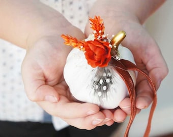 White Ring Bearer Pumpkin | Fall Wedding Ceremony Pillow | Bride Groom Jewelry Holder | Orange Dried Flowers | Rustic Rose Ring Box