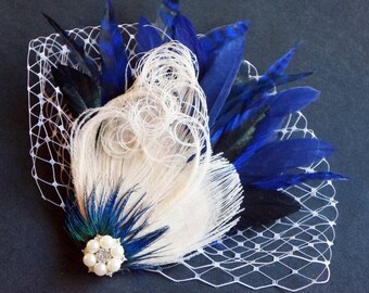 Navy Blue Peacock Feather Clip | Gatsby Wedding Fascinator | Ivory Pearl Bridal Hairpiece | Rhinestone Bride Headpiece | Birdcage Veiling