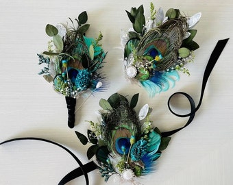 Peacock + Dried Flower Wrist Corsage | Eucalyptus Hair Clip | Boho Wedding Hairpiece | Blue Feather Bridal Comb | Prom Emerald Boutonniere