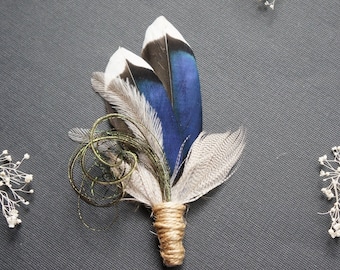 Blue Mallard Duck Feather Boutonniere | Groom Wedding Lapel Pin | Bride Corsage | Guinea Emu | Groomsmen Burlap Buttonhole | RUSTIC THEO