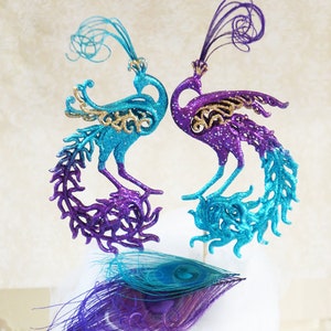 Peacock Wedding Cake Topper | Turquoise Purple Wedding Cake | Great Gatsby Cake Decor | Gold Glitter Bird Wings | Feather Anniversary Cake