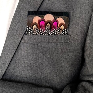 Turkey Pheasant Feather Pocket Square | Black Leather Wedding Bowtie | Peach, Bronze Fuchsia Neck Tie | Boutonniere, Lapel Pin, Bow Tie