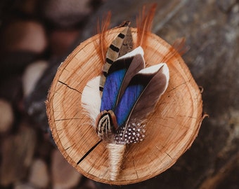 Mallard Duck Feather Boutonniere | Groom Outdoor Wedding | Groomsmen Pheasant Lapel Pin | Bride Blue Hairpiece | Rustic Bridal Accessory