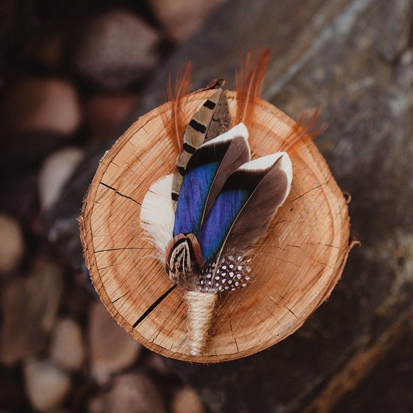 Mallard Duck Feather Boutonniere | Groom Outdoor Wedding | Groomsmen Pheasant Lapel Pin | Bride Blue Hairpiece | Rustic Bridal Accessory