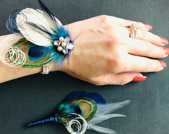 Peacock Feather Wrist Corsage | Bridesmaid Rhinestone Bracelet | Prom Cuff Wristlet | Navy Blue Boutonniere | Great Gatsby Hair Clip or Comb