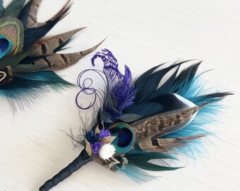 Mallard, Peacock Feather, Dried Flower Hair Clip | Teal Blue Black, Purple Hairpiece | Jewel Tone Wedding Corsage | Rustic Groom Boutonniere