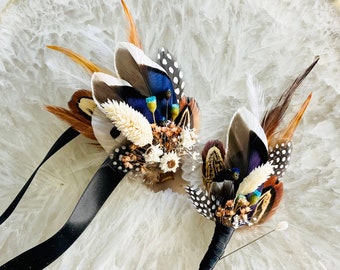 Mallard Feather Wedding Boutonniere | Duck Feather Wrist Corsage | Groom Pheasant Boutonniere | Blue Dried Flowers | Rustic Fall Bridal Clip