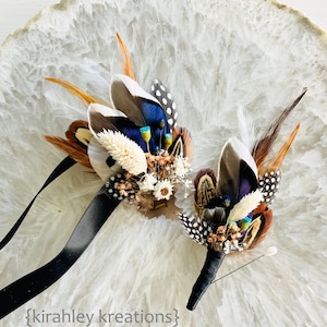 Mallard Feather Wedding Boutonniere Duck Feather Wrist Corsage Groom Pheasant Boutonniere Blue Dried Flowers Rustic Fall Bridal Clip image 1