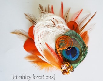 Orange and Ivory Peacock Hair Clip | Autumn Wedding Bridal Hairpiece | Bronze Green Fall Feather Fascinator | Bride Bridesmaid Gatsby Comb