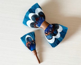 Noeud papillon bleu sarcelle et plumes de faisan | Noeud papillon de mariage en cuir pour mariés | Lady Amherst, cravate paon | Boutonnière pour garçons d'honneur, épinglette