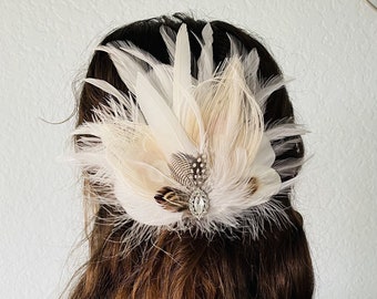 Ivory Peacock Hairpiece | Bride Great Gatsby Wedding Fascinator | Pheasant Guinea White Duck Feather Hair Clip | Rustic Bridal Headpiece