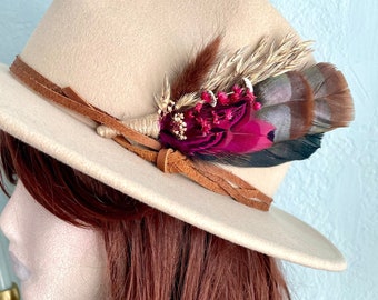 Boho Turkey Feather & Dried Flower Hat Pin | Floral Hatpiece | Rustic Hat Accessory | Wedding Bridal Pin | Lady Hat Brooch | Western Cowgirl