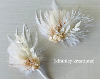 White Ivory Feather & Dried Flower Hairpiece | Bridal Hair Comb | Bridesmaid Hair Clip | Prom Wrist Corsage | Groom Ruscus Leaf Boutonniere