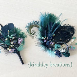 Schwarze Pfauenfeder Getrocknete Blumen Haarspange Marineblau, Dunkelgrün, Lila Haarteil Juwel Ton Hochzeit Corsage Bräutigam Boutonniere Bild 1