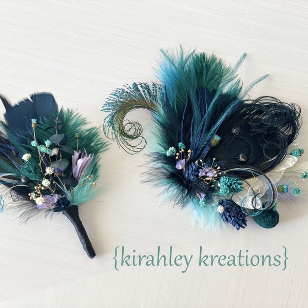 Plume de paon noire + barrette fleur séchée | Postiche bleu marine, vert foncé, violet | Corsage de mariage couleur bijou | Boutonnière du marié