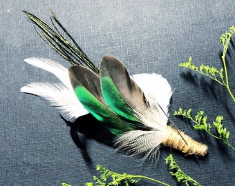 Green Wing Teal Duck Boutonniere | Rustic Wedding Buttonhole | Emerald Mallard Feather Lapel Pin | Duck Hunter Groom | Woodland Prom Corsage