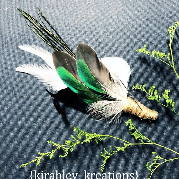 Green Wing Teal Duck Boutonniere | Rustic Wedding Buttonhole | Emerald Mallard Feather Lapel Pin | Duck Hunter Groom | Woodland Prom Corsage