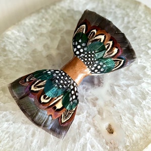 Rustic Feather Bow Tie | Turkey Pheasant Guinea | Bronze & Emerald Green Feathers | Hunter Groom Wedding Attire | Mens Leather Neck Tie LEIF