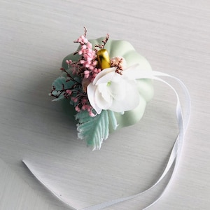 Ring Bearer Wedding Pumpkin | Rustic Fall Flower Ring Holder | Cinderella Princess Ceremony Pillow | Rings Jewelry Box, Mint Green Pink Gold