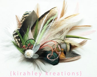 Rustic Duck Feather Hair Clip | Eucalyptus Dried Flower Wedding Hairpiece | Lime Green Peacock Prom Corsage | Coral Pink Bronze Headpiece