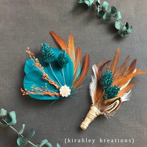 Rustic Feather & Dried Flower Bridal Hairpiece | Teal Green, Burnt Orange Bridesmaid Hair Clip | Bride Comb and Groom Boutonniere Fall Set