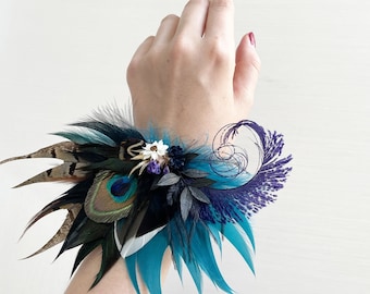 Mallard, Peacock Feather, Dried Flower Corsage | Teal Blue Black, Purple Hairpiece | Jewel Tone Wedding Hair Clip | Rustic Groom Boutonniere