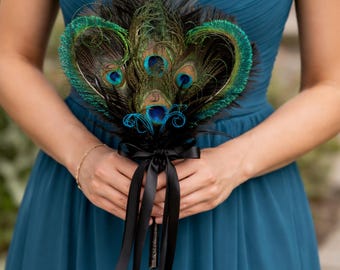 Boeket pauwen- en struisvogelveren | Great Gatsby-bruiloftventilator zwart, groen en blauwgroen | Galaboeket