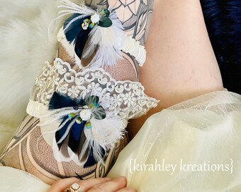 Blue Mallard Feather Garter Set | Dried Flower + Eucalyptus Garter Set | Bride Wedding Keepsake + Toss Garter | Ivory Lace Bridal Garter Set