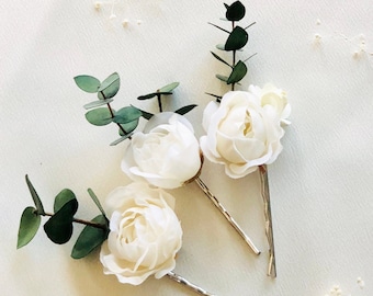 Ivory Rose and Eucalyptus Hair Pins | Wedding Hairpiece | Dried Preserved Flowers | White Wedding | Boho Wedding| Rustic Bridal Bobby Pins