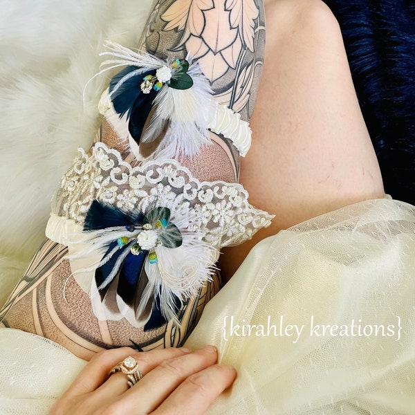 Blue Mallard Feather Garter Set | Dried Flower + Eucalyptus Garter Set | Bride Wedding Keepsake + Toss Garter | Ivory Lace Bridal Garter Set