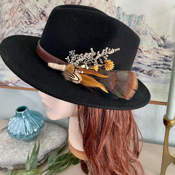 Boho Turkey Feather & Dried Flower Hat Pin | Floral Hatpiece | Rustic Hat Accessory | Wedding Bridal Pin | Lady Hat Brooch | Western Cowgirl