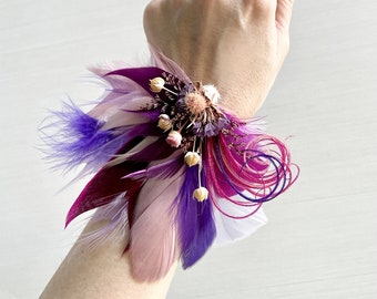 Pink Purple Fuchsia Feather Hair Clip | Bride Dried Flower Wedding Comb | Bright Bold Wrist Corsage | Peacock Fascinator | Prom Hairpiece