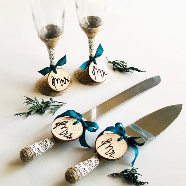 Rustic Wedding Cake Knife & Server Set | Champagne Glasses | Burlap Lace Reception | Bride Groom | Mr Mrs Wood Slice | Customize Personalize