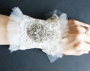 Tulle and Lace Bridal Cuff | Vintage Rhinestone Wedding Corsage | Pearl Beaded and Embroidered Bride Bracelet | Ivory White Ribbon Wristlet