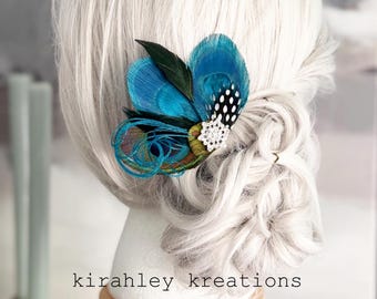 Turquoise Peacock Feather Hair Clip | Bride Great Gatsby Wedding Fascinator | Bridesmaid Headpiece | Teal Blue Green KELLIE Prom Rhinestone