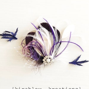 Plum Purple & Ivory Peacock Feather Hairpiece | Pearl Rhinestone Wrist Corsage | Ostrich Feather Great Gatsby Fascinator | Custom Hair Clip