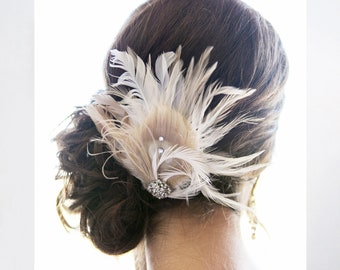 Ivory Champagne Peacock Feather Hair Clip | Bride Great Gatsby Wedding Fascinator | White Bridal Hairpiece | Prom Vintage Rhinestones ULICIA