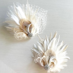 Ivory Champagne Peacock Feather Hair Clip | Bride Great Gatsby Wedding Fascinator | White Bridal Hairpiece | Prom Vintage Rhinestone Corsage